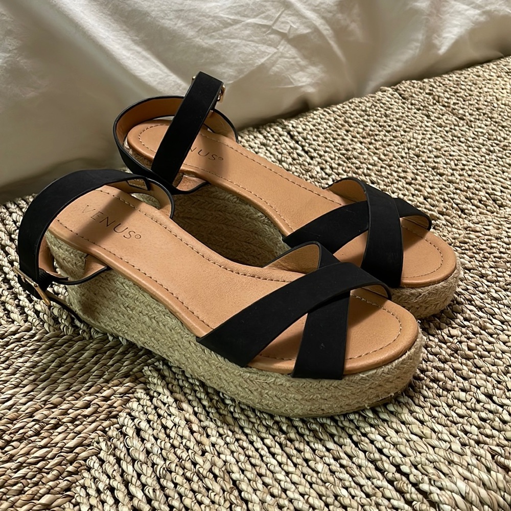 Venus Brand Wedges, Black strap with gold buckle closure, size 8.5